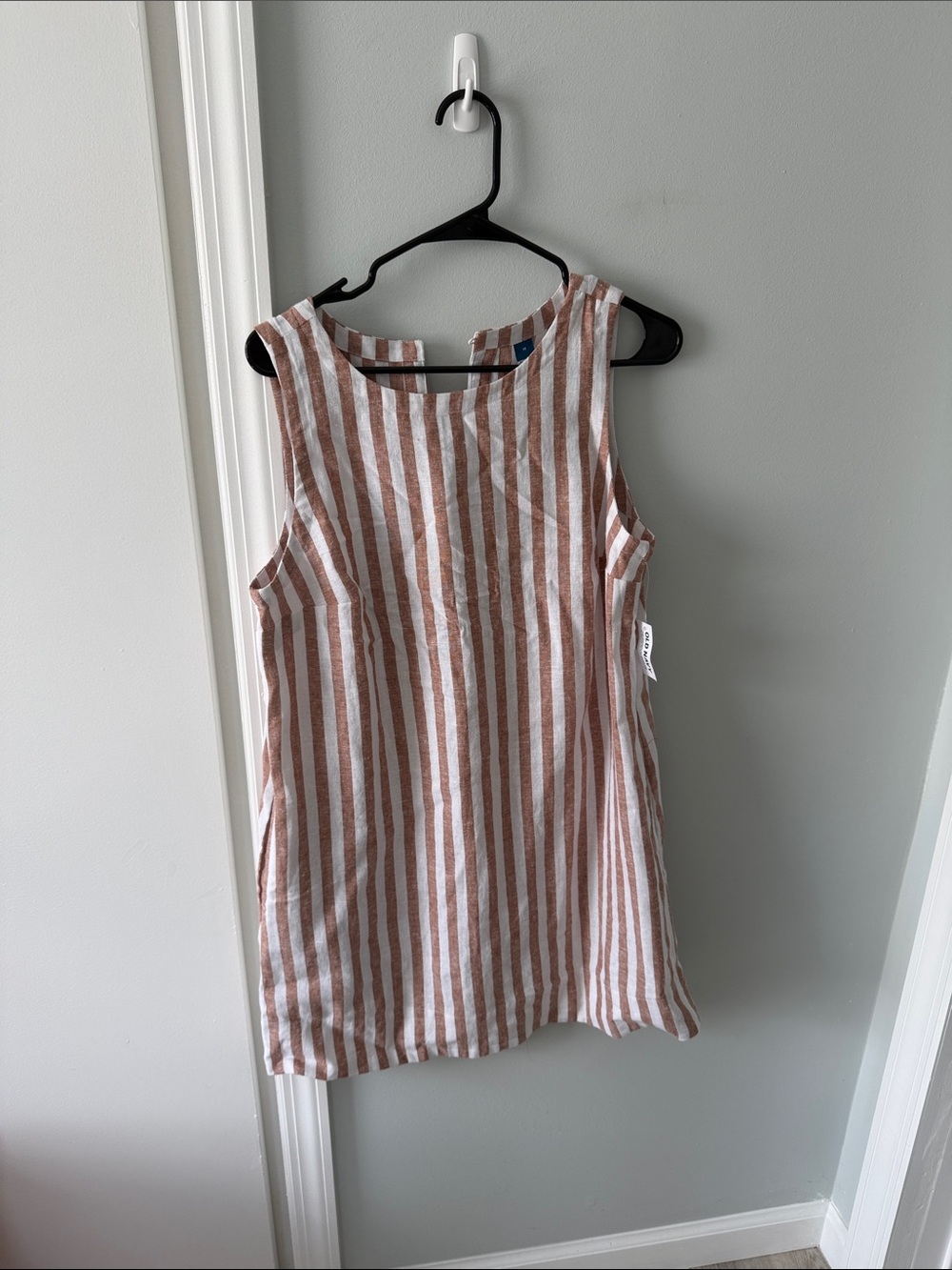 Womens’ Sleeveless Striped Linen Dress - White & Brown